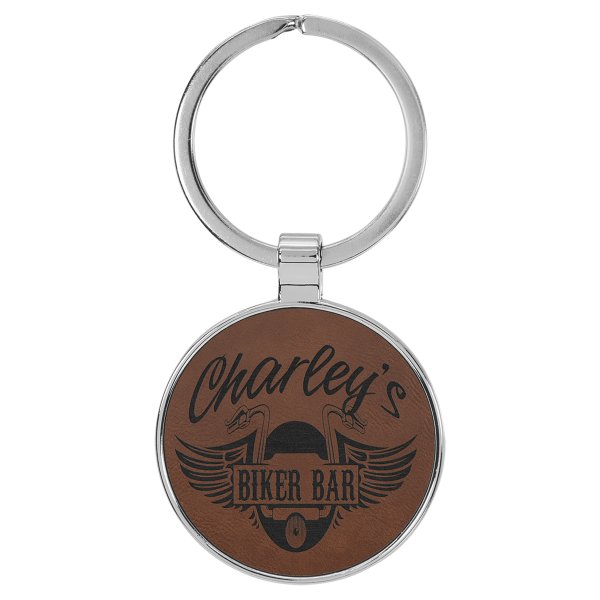 1 1/2" Engraved Faux Leather/Metal Dark Brown Round Keychain - Dark Brown