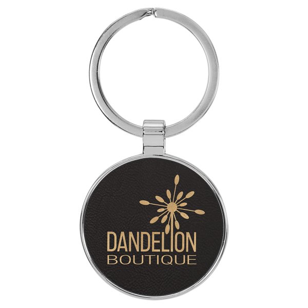 1 1/2" Engraved Faux Leather/Metal Black/Gold Round Keychain - Black