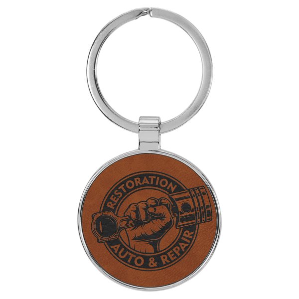 1 1/2" Engraved Faux Leather/Metal Rawhide Round Keychain - Rawhide