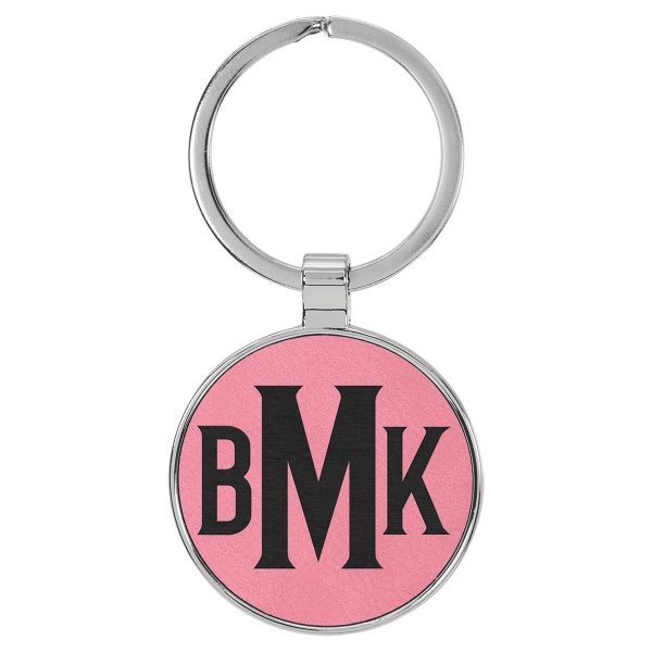 1 1/2" Engraved Faux Leather/Metal Pink Round Keychain - Pink