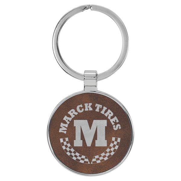 1 1/2" Engraved Faux Leather/Metal Rustic/Silver Round Keychain - Rustic