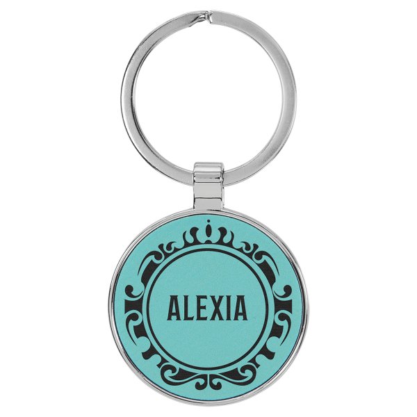 1 1/2" Engraved Faux Leather/Metal Teal Round Keychain - Teal