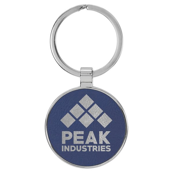 1 1/2" Engraved Faux Leather/Metal Blue/Silver Round Keychain - Blue