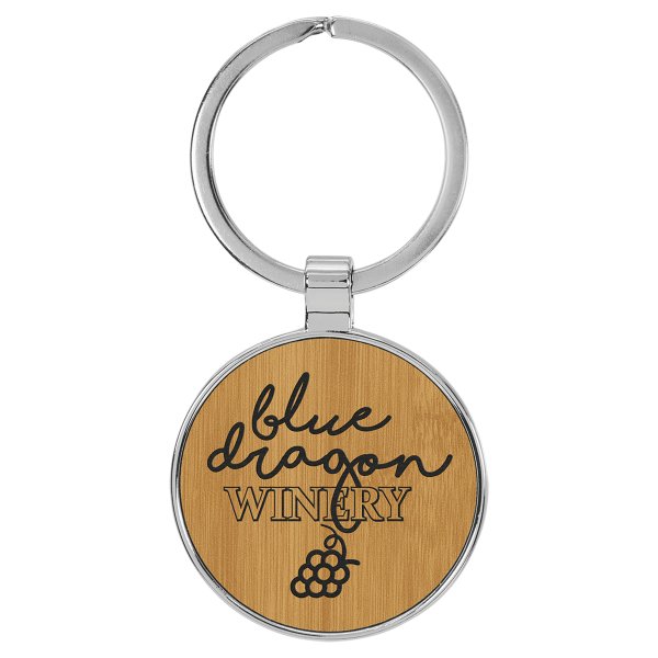 1 1/2" Engraved Faux Leather/Metal Bamboo Round Keychain - Bamboo