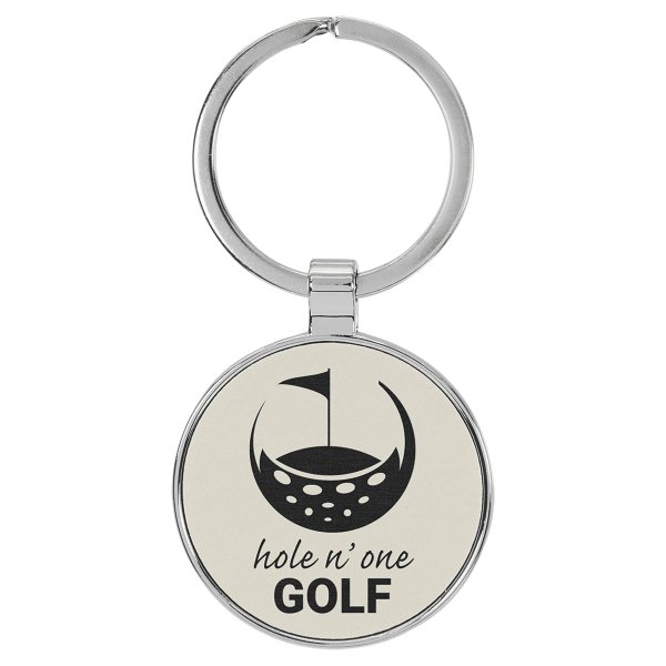 1 1/2" Engraved Faux Leather/Metal White Round Keychain - White