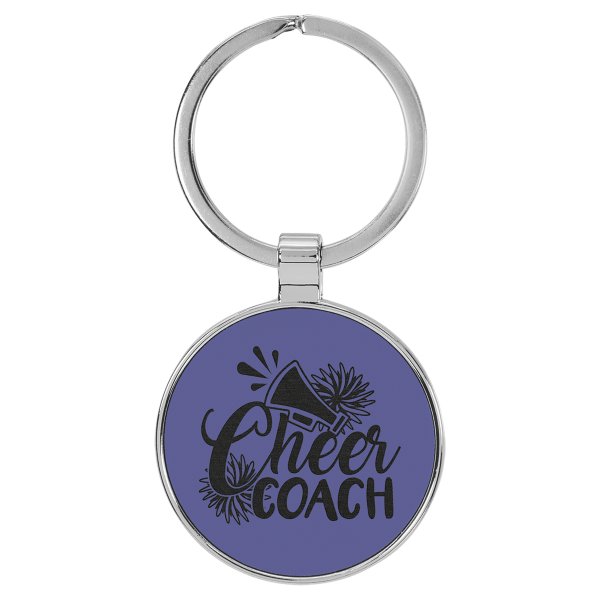1 1/2" Engraved Faux Leather/Metal Purple Round Keychain - Purple