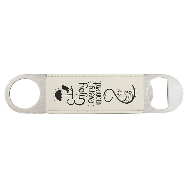 1 1/2" x 7" White/Black Engraved Faux Leather Bottle Opener - White