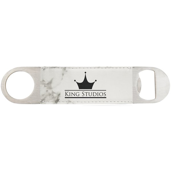 1 1/2" x 7" White Marble Engraved Faux Leather Bottle Opener - White Marble