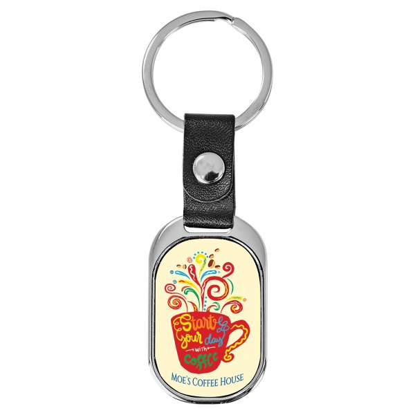 3 5/8" x 1 3/8" Oval Custom Printed Keychain with White Insert - Silver/White/Black
