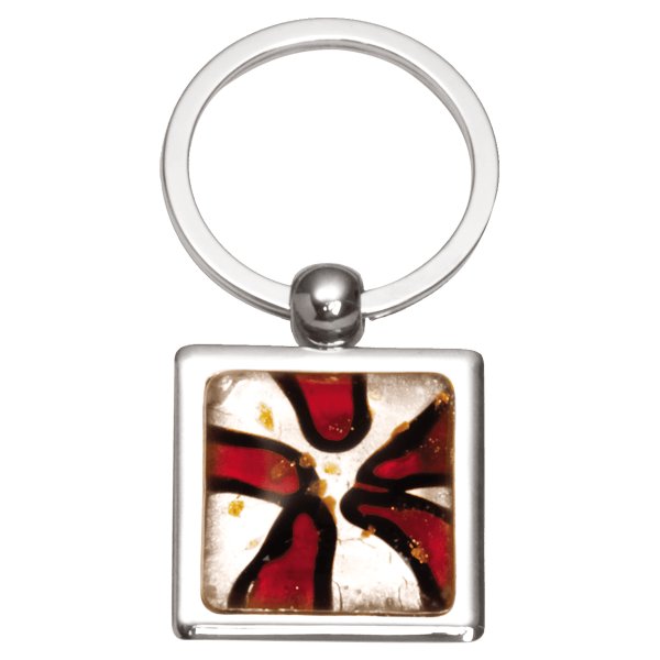 1 1/4" x 2 3/4" Red Art Glass Decorated Key Ring - Red/Silver