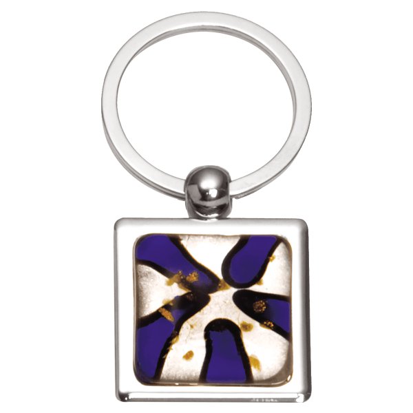 1 1/4" x 2 3/4" Blue Art Glass Decorated Key Ring - Violet Purple/Silver
