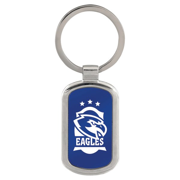 1 1/8" x 1 7/8" Blue Custom Engraved Rectangle Keychain - Silver/Blue