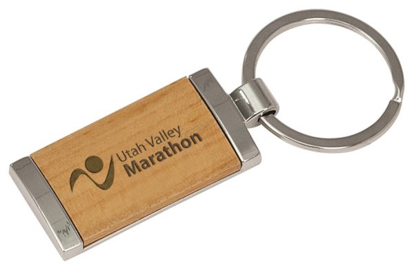 7/8" x 1 7/8" Silver/Wood Custom Engraved Rectangle Keychain - Wood/Silver