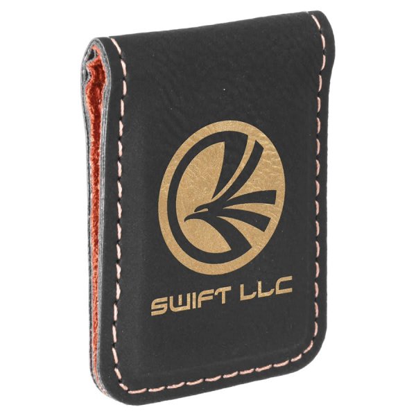 1 3/4" x 2 1/2" Black/Gold Engraved Faux Leather Money Clip - Black/Gold