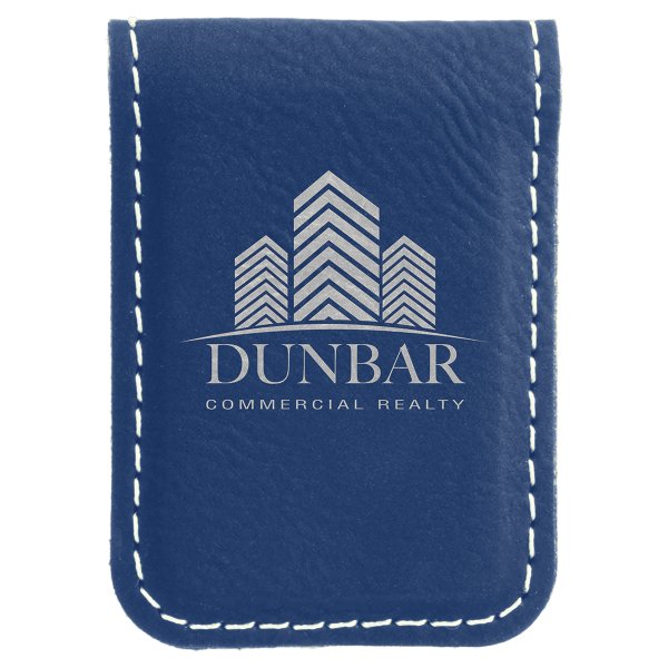 1 3/4" x 2 1/2" Blue/Silver Engraved Faux Leather Money Clip - Blue/Silver