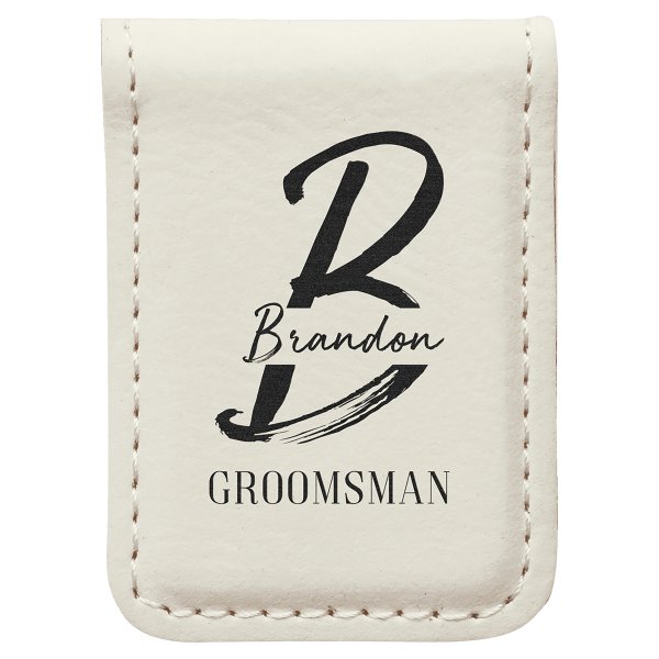 1 3/4" x 2 1/2" White Engraved Faux Leather Money Clip - White
