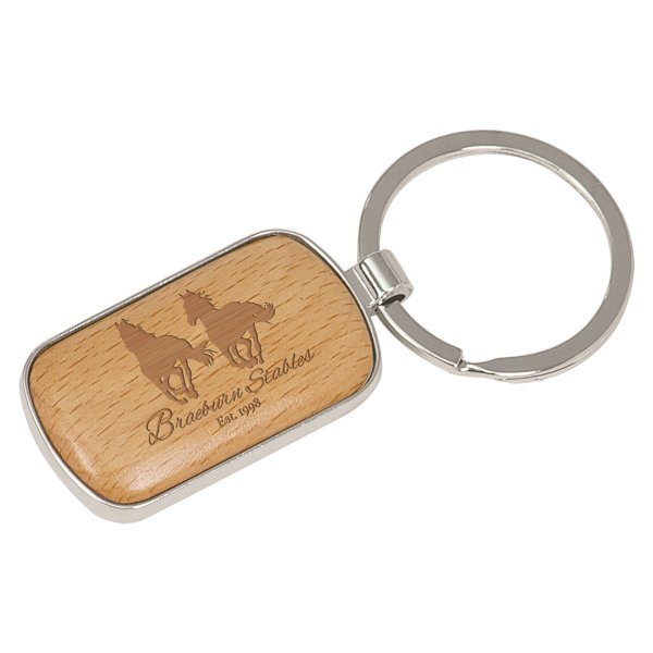 1" x 1 3/4" Silver/Wood Custom Engraved Rounded Corner Rectangle Keychain - Wood/Silver