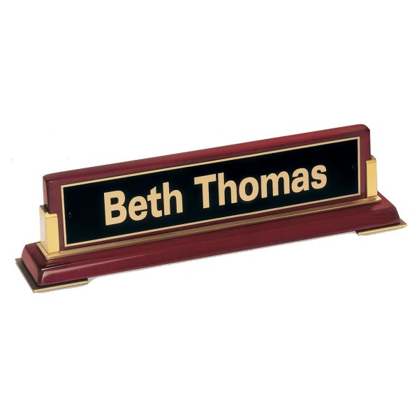 10 5/8"x 2 3/4 x 2 1/2 Rosewood Piano Finish Nameplate and Gold Metal Accents with Black Plate - Rosewood/Black/Gold