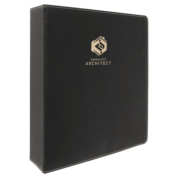 11" x 11 1/2" Black/Gold Engraved Faux Leather 3 Ring Binder with 2" Slant  D Rings - Black
