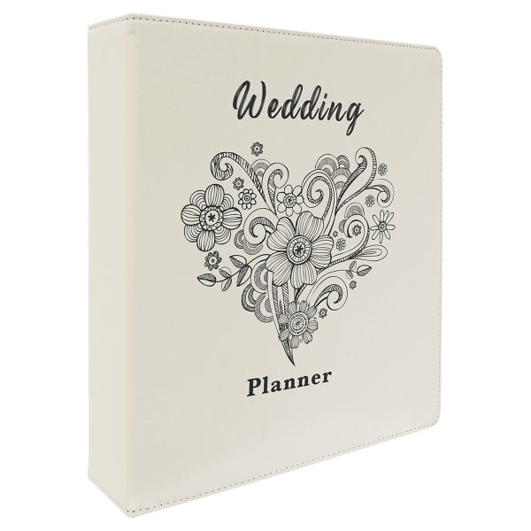 11" x 11 1/2" White/Black Engraved Faux Leather 3 Ring Binder with 2" Slant D Rings - White