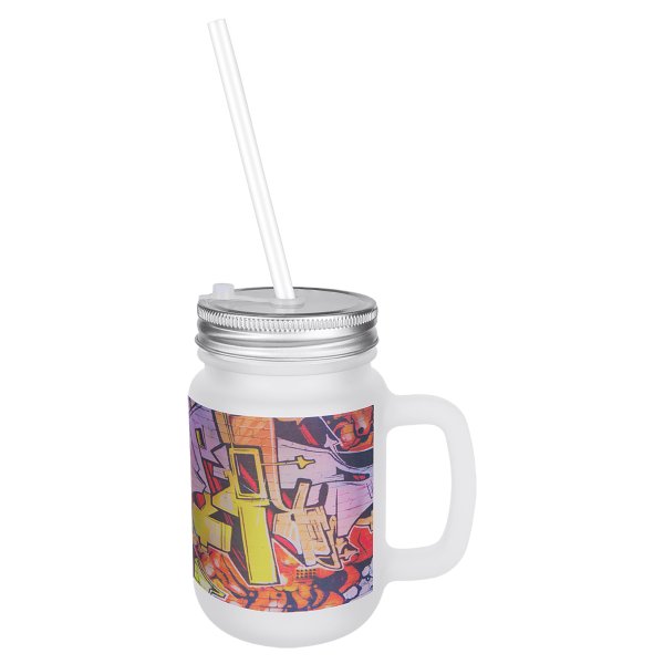 12 oz. Custom Printed Frosted Mason Jar with Lid & Straw - Frosted/Silver