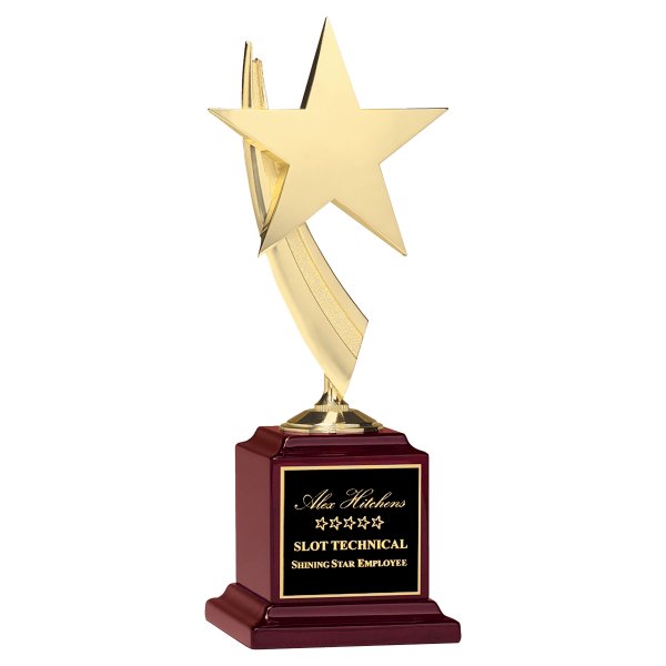 13" Star Casting in Goldtone Finish on Rosewood Piano Finish Base with Black Custom Engraved Plate - Gold/Rosewood/Black