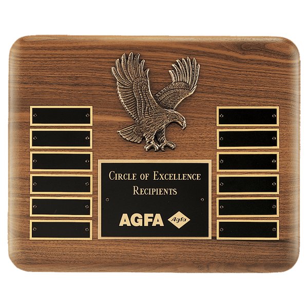 13" X 10 1/2" Solid American Walnut Plaque with Finely Detailed Antique Bronze Eagle Casting and Black LaserFX Header and 12 Perpetual Plates - Walnut/Gold/Black