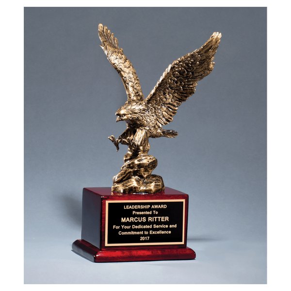 15" Antique Bronze Finished Eagle Resin Casting on Rosewood Piano Finish Base with Black Custom Engraved Brass Plate - Rosewood/Gold/Black