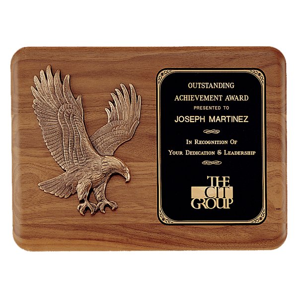15" x 11" Solid American Walnut Plaque with Sculptured Relief Eagle Casting and Laser Engravable Black Brass Plate - Walnut/Gold/Black