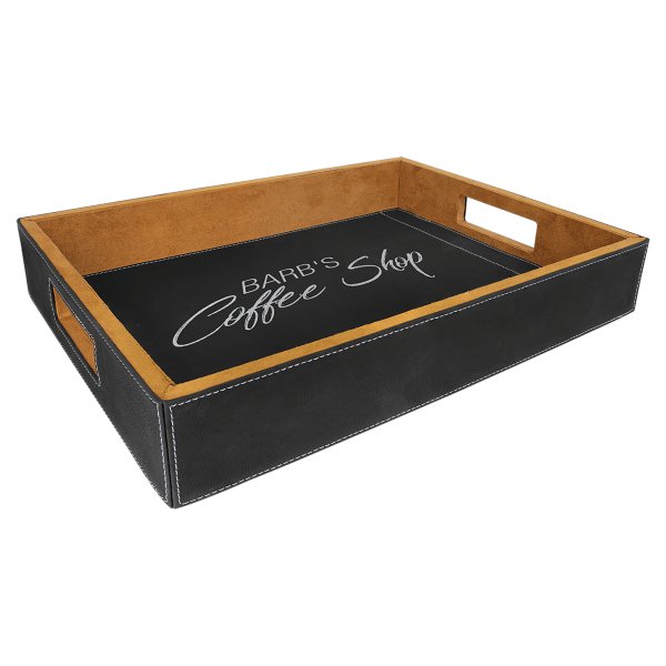 16" x 12" Black/Silver Engraved Faux Leather Serving Tray - Black/Brown