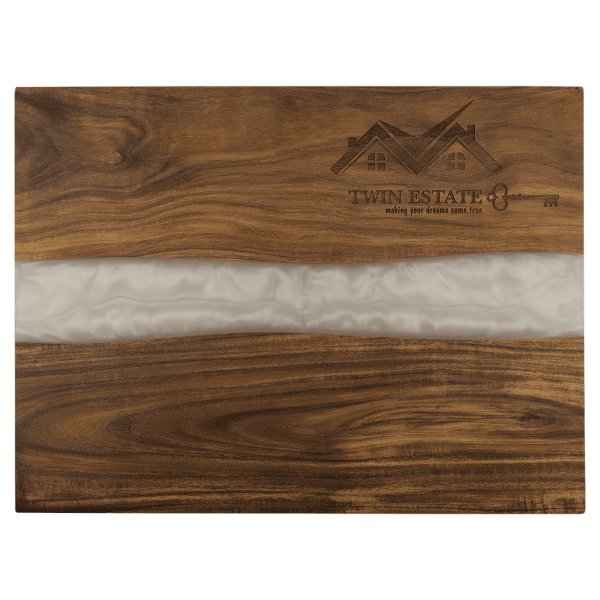 15 3/4" x 11 3/4" Acacia with White Pearl Resin Serving Board - woodgrain/white