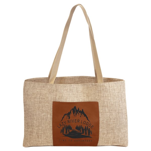 19" x 12" Burlap Bag with 5" Rawhide Engraved Faux Leather Gusset - Burlap/Rawhide