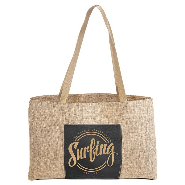 19" x 12" Burlap Bag with 5" Black/Gold Engraved Faux Leather Gusset - Burlap/Black