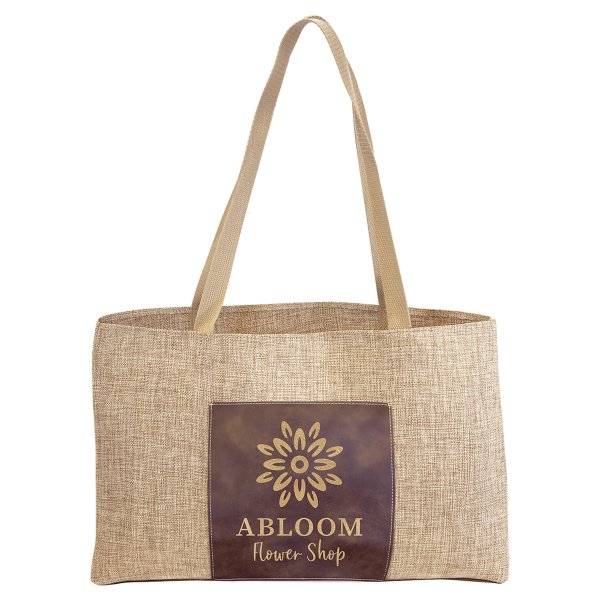 19" x 12" Burlap Bag with 5" Rustic/Gold Engraved Faux Leather Gusset - Burlap/Rustic