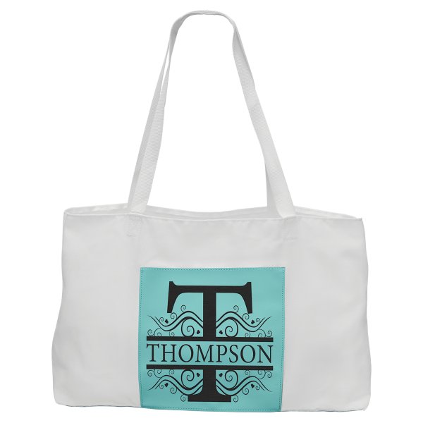19" x 12" White Bag with 5" Teal Engraved Faux Leather Gusset - White/Teal