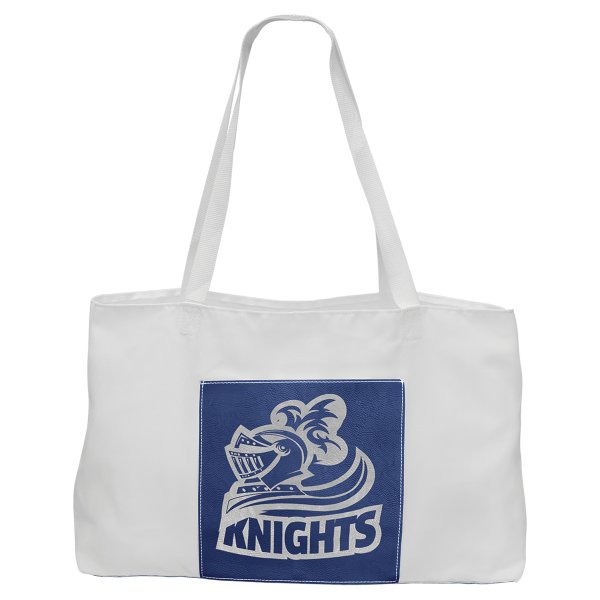 19" x 12" White Bag with 5" Blue/Silver Engraved Faux Leather Gusset - White/Blue