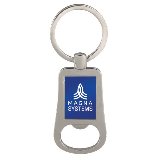 2 1/8" Silver/Blue Custom Engraved Bottle Opener Keychain - Silver/Blue