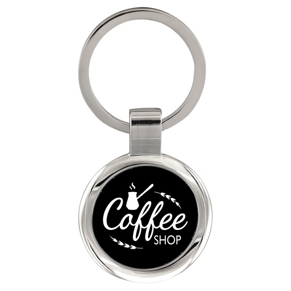 2 1/2" Black Custom Engraved Round Keychain - Silver/Black