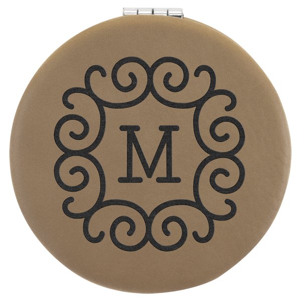 2 1/2" Light Brown Engraved Faux Leather Compact Mirror - Light Brown