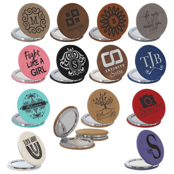 2 1/2" Engraved Faux Leather Compact Mirror - Various