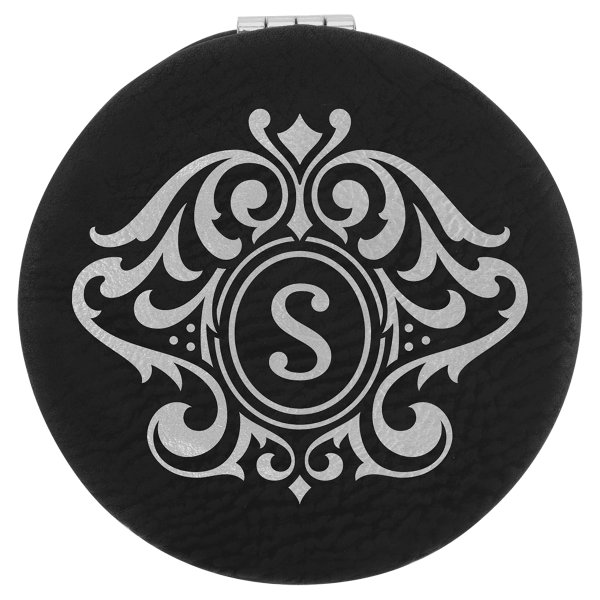 2 1/2" Black/Silver Engraved Faux Leather Compact Mirror - Black