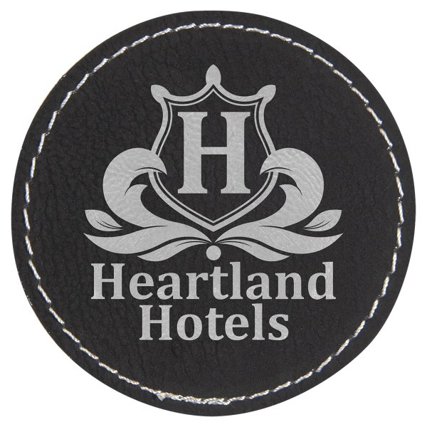 2 1/2" Black/Silver Engraved Faux Leather Round Patch with Kota Pro Adhesive - Black