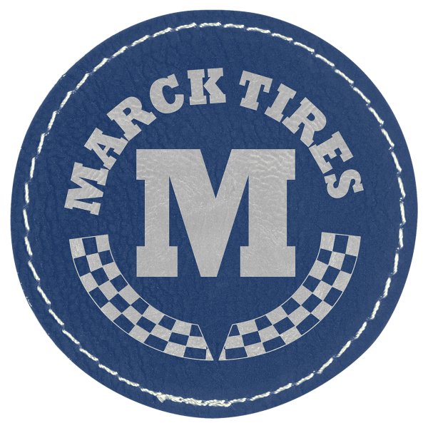 2 1/2" Blue/Silver Engraved Faux Leather Round Patch with Kota Pro Adhesive - Blue