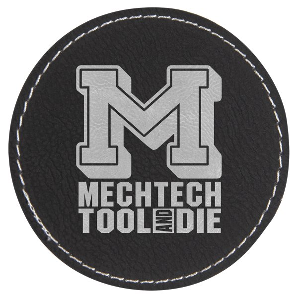3" Black/Silver Engraved Faux Leather Round Patch with Kota Pro Adhesive - Black