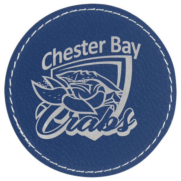 3" Blue/Silver Engraved Faux Leather Round Patch with Kota Pro Adhesive - Blue