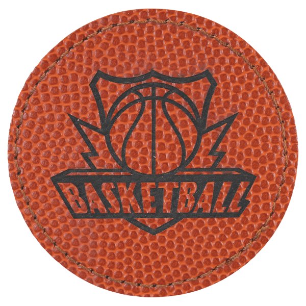 2 1/2" Round Basketball Engraved Faux Leather Patch with Adhesive - Brown