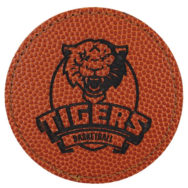 3" Round Basketball Engraved Faux Leather Patch with Adhesive - Orange