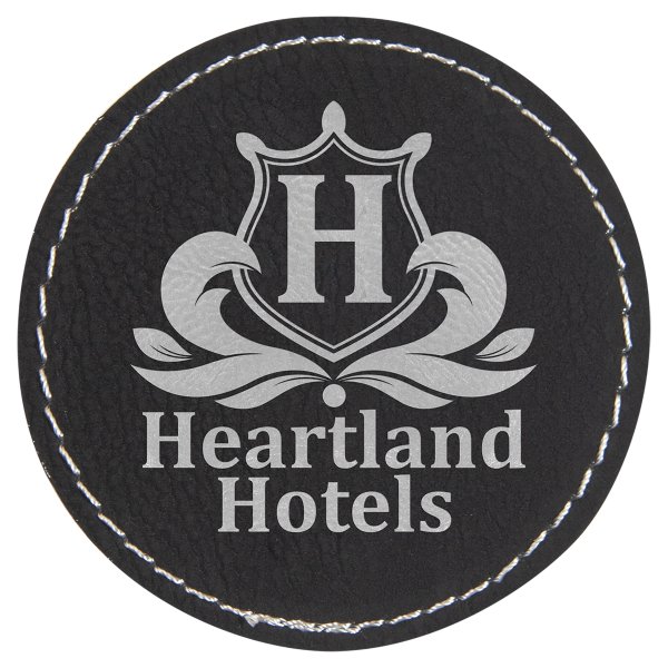2 1/2" Round Black/Silver Engraved Faux Leather Patch with Adhesive - Black