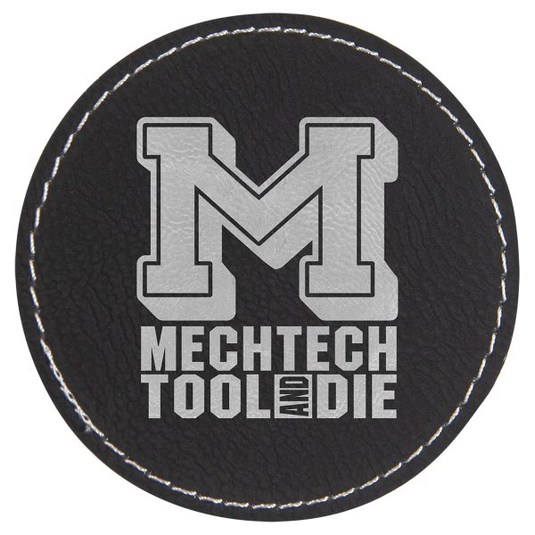 3" Round Black/Silver Engraved Faux Leather Patch with Adhesive - Black