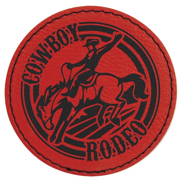 3" Round Red Engraved Faux Leather Patch with Adhesive - Red